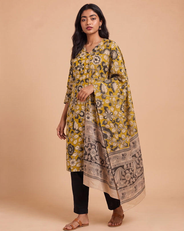 Premium Kalamkari 3PC Kurti Set with Cut Work Neck Design in Mustard Yellow Colour | Ready to Wear with Elastic Bottom