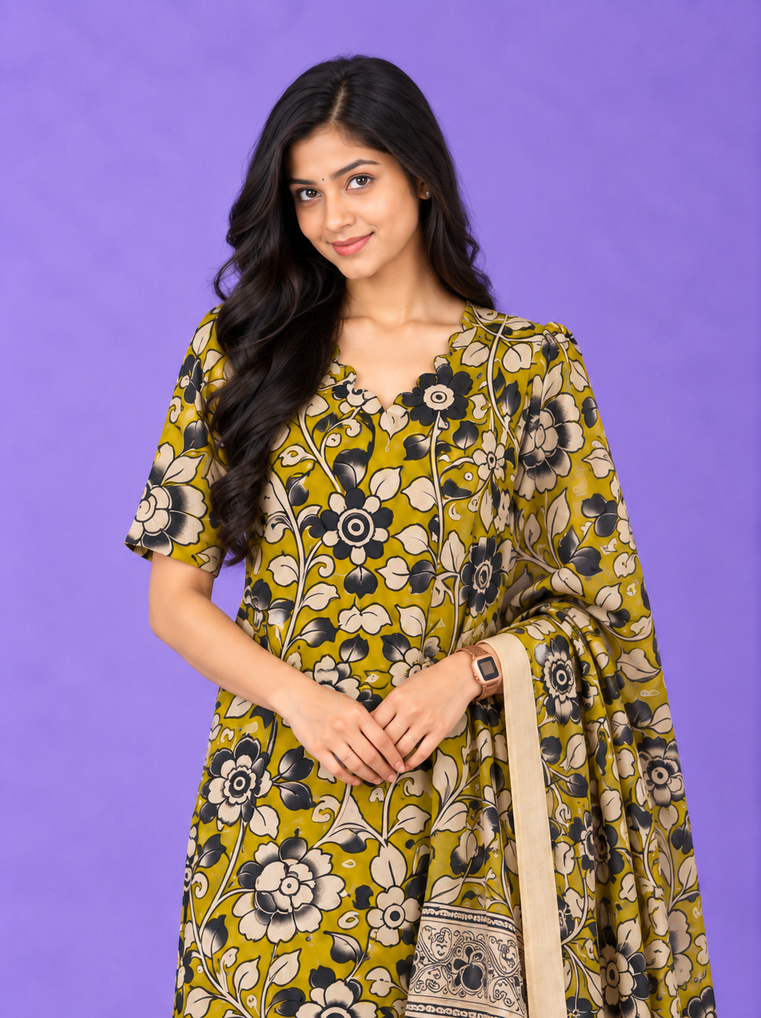 Premium Kalamkari 3PC Kurti Set with Cut Work Neck Design in Mustard Yellow Colour | Ready to Wear with Elastic Bottom