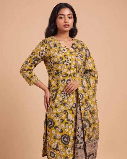 Premium Kalamkari 3PC Kurti Set with Cut Work Neck Design in Mustard Yellow Colour | Ready to Wear