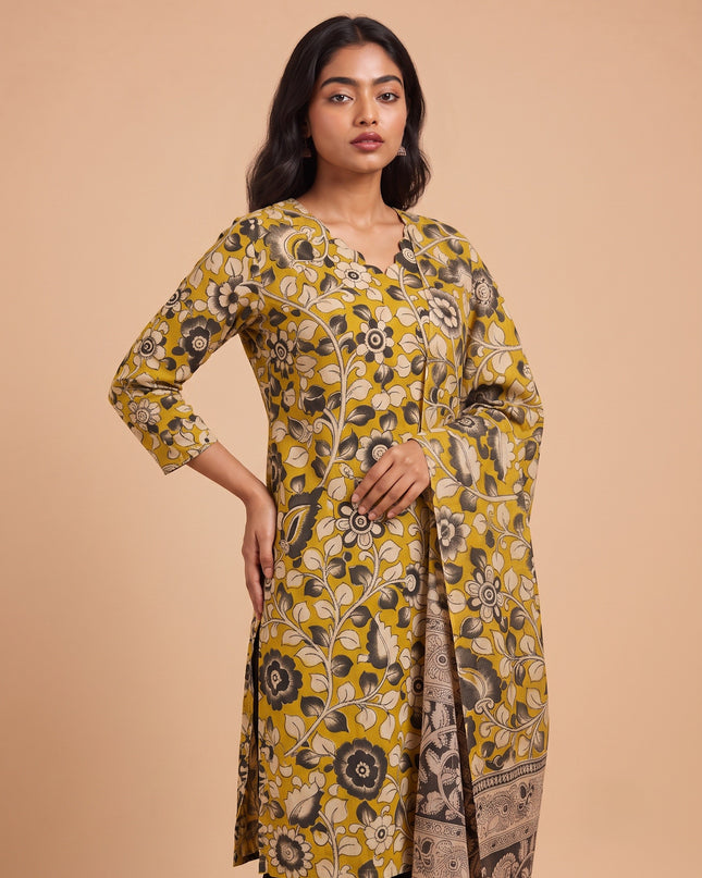 Premium Kalamkari 3PC Kurti Set with Cut Work Neck Design in Mustard Yellow Colour | Ready to Wear with Elastic Bottom