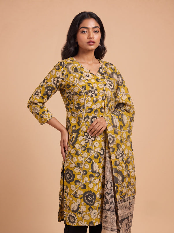 Premium Kalamkari 3PC Kurti Set with Cut Work Neck Design in Mustard Yellow Colour | Ready to Wear