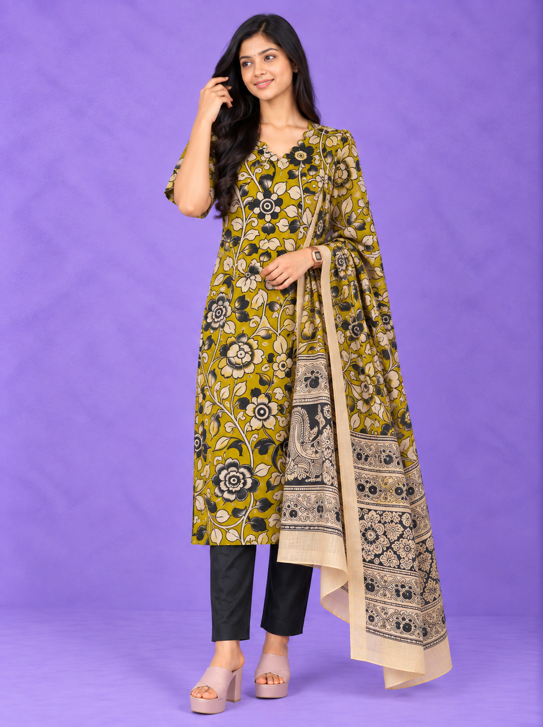 Premium Kalamkari 3PC Kurti Set with Cut Work Neck Design in Mustard Yellow Colour | Ready to Wear with Elastic Bottom