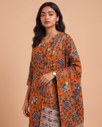 Premium Kalamkari 3PC Kurti Set with Cut Work Neck Design in Burnt Orange Colour | Ready to Wear