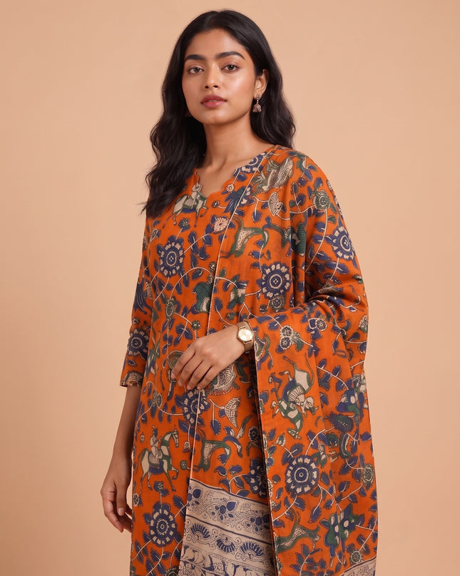 Premium Kalamkari 3PC Kurti Set with Cut Work Neck Design in Burnt Orange Colour | Ready to Wear with Elastic Bottom