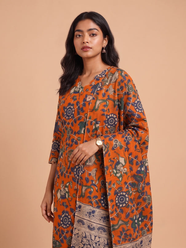 Premium Kalamkari 3PC Kurti Set with Cut Work Neck Design in Burnt Orange Colour | Ready to Wear