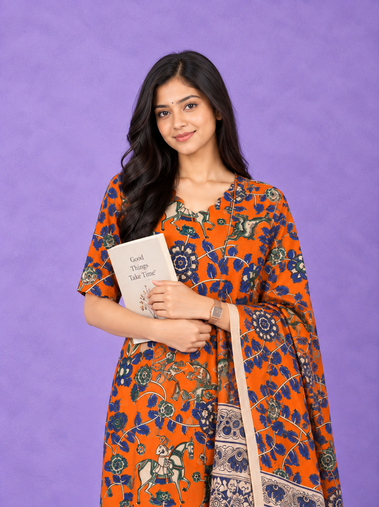 Premium Kalamkari 3PC Kurti Set with Cut Work Neck Design in Burnt Orange Colour | Ready to Wear with Elastic Bottom