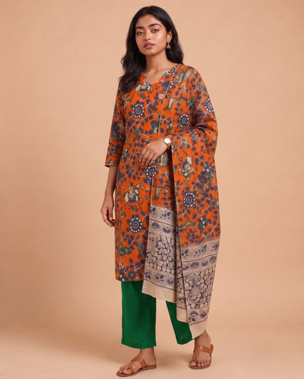 Premium Kalamkari 3PC Kurti Set with Cut Work Neck Design in Burnt Orange Colour | Ready to Wear