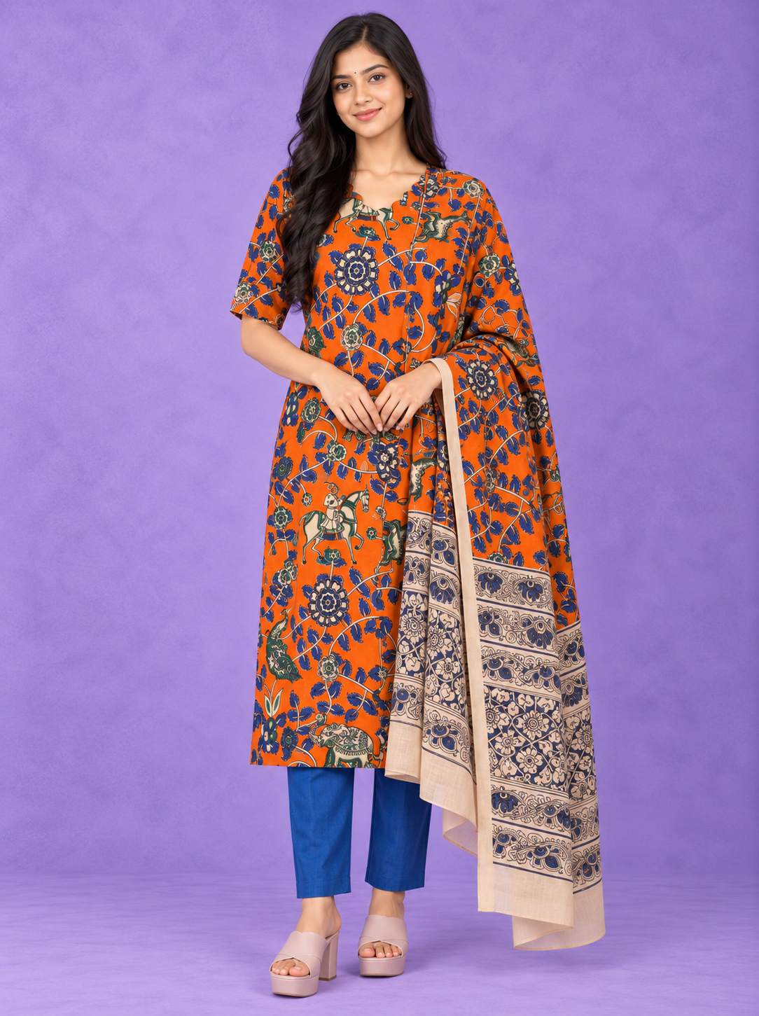 Premium Kalamkari 3PC Kurti Set with Cut Work Neck Design in Burnt Orange Colour | Ready to Wear with Elastic Bottom