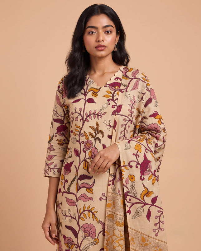 Premium Kalamkari 3PC Kurti Set with Cut Work Neck Design in Cream Colour | Ready to Wear with Elastic Bottom