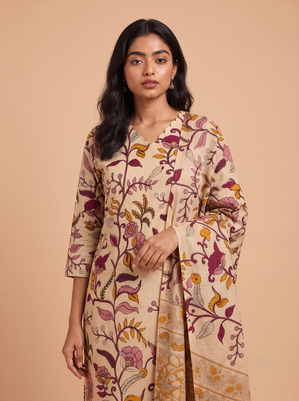 Premium Kalamkari 3PC Kurti Set with Cut Work Neck Design in Cream Colour | Ready to Wear