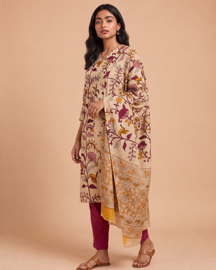 Premium Kalamkari 3PC Kurti Set with Cut Work Neck Design in Cream Colour | Ready to Wear