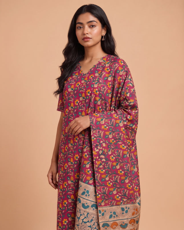 Premium Kalamkari Printed 3PC Kurti Set in Maroon Colour with Cut Work Neck Design | Ready to Wear with Elastic Bottom