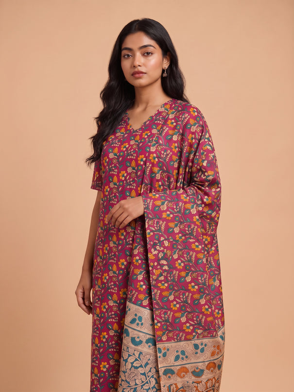 Premium Kalamkari Printed 3PC Kurti Set in Maroon Colour with Cut Work Neck Design | Ready to Wear with Elastic Bottom