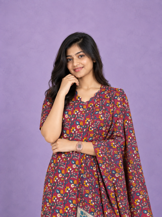 Premium Kalamkari Printed 3PC Kurti Set in Maroon Colour with Cut Work Neck Design | Ready to Wear with Elastic Bottom