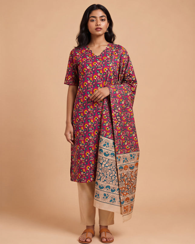 Premium Kalamkari Printed 3PC Kurti Set in Maroon Colour with Cut Work Neck Design | Ready to Wear with Elastic Bottom