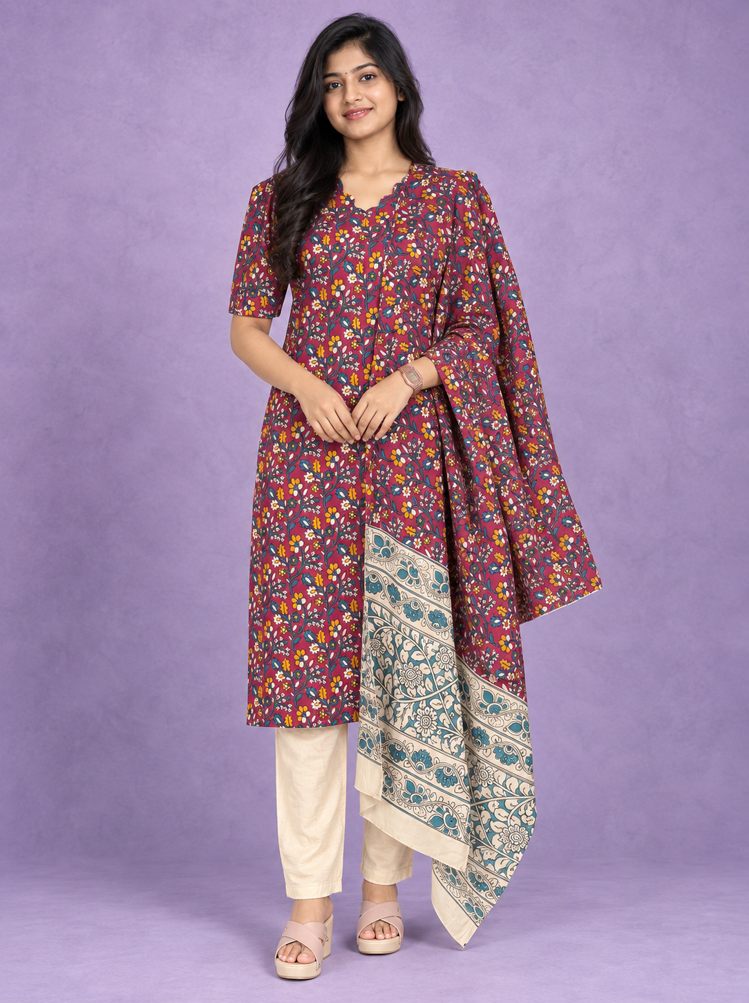 Premium Kalamkari Printed 3PC Kurti Set in Maroon Colour with Cut Work Neck Design | Ready to Wear with Elastic Bottom