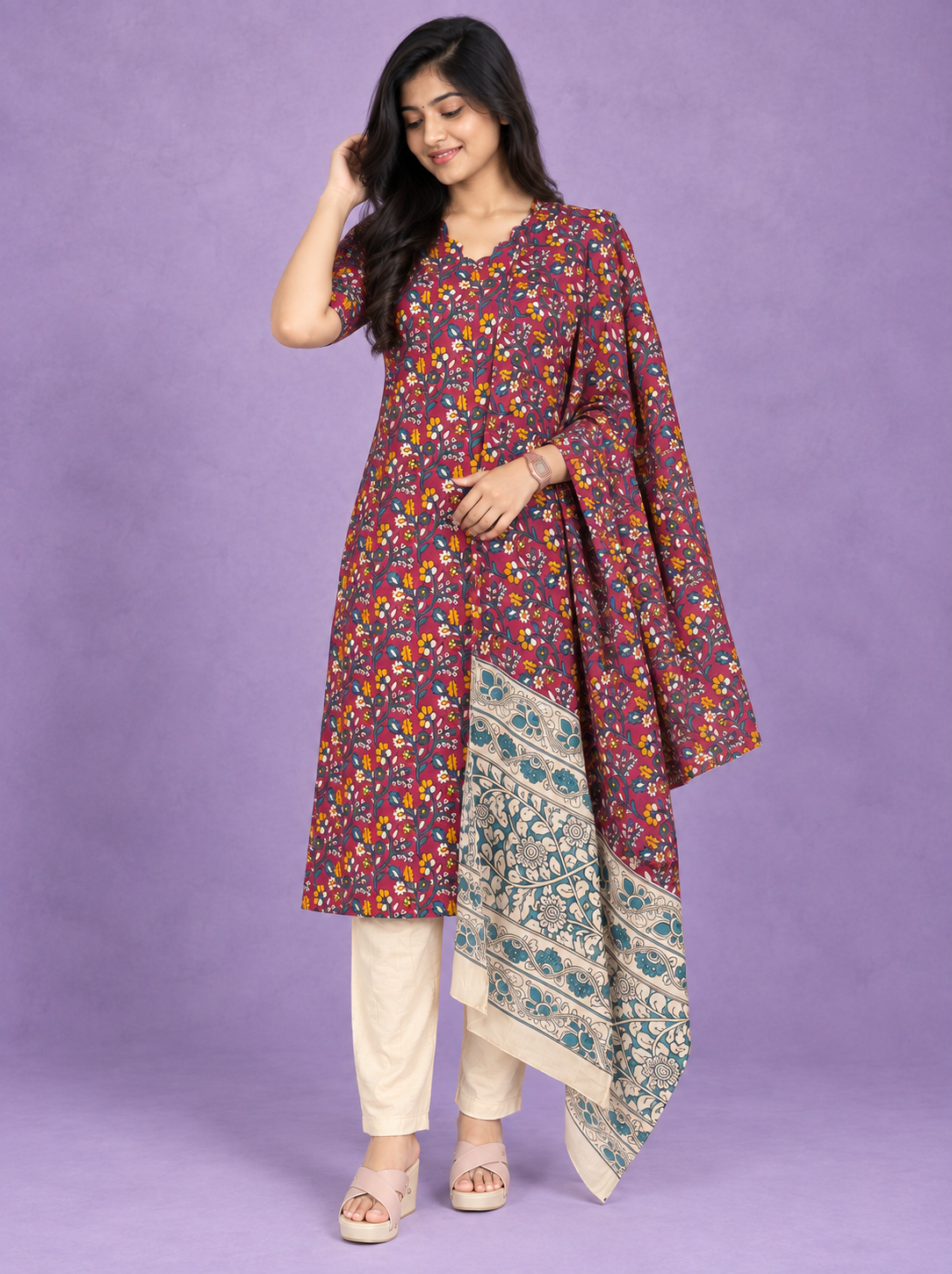 Premium Kalamkari Printed 3PC Kurti Set in Maroon Colour with Cut Work Neck Design | Ready to Wear with Elastic Bottom