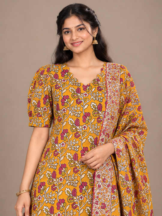 Premium Kalamkari 3PC Kurti Set with Cut Work Neck Design in Yellow Colour | Ready to Wear with Elastic Bottom