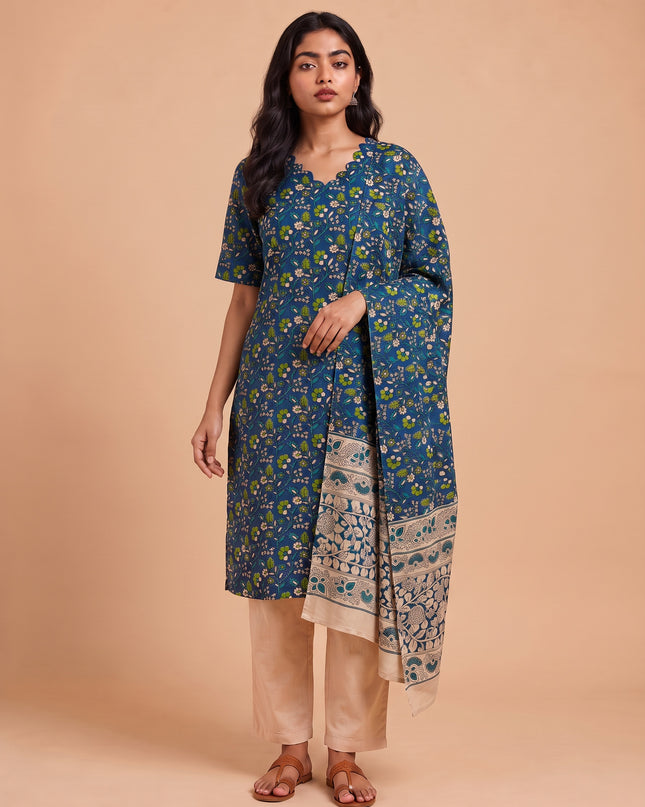 Premium Kalamkari 3PC Kurti Set with Cut Work Neck Design in Blue Colour | Ready to Wear with Elastic Bottom