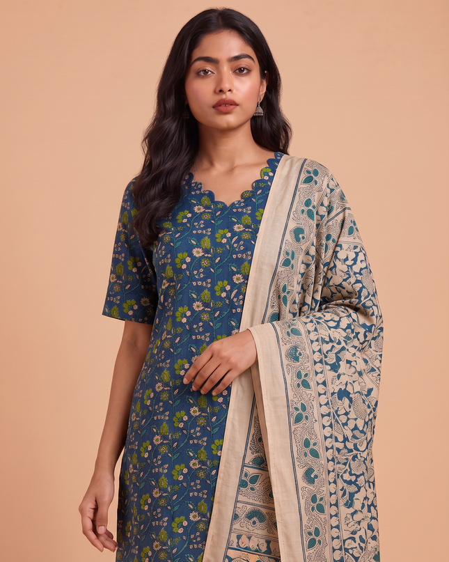 Premium Kalamkari 3PC Kurti Set with Cut Work Neck Design in Blue Colour | Ready to Wear with Elastic Bottom