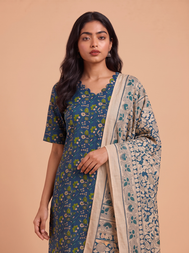 Premium Kalamkari 3PC Kurti Set with Cut Work Neck Design in Blue Colour | Ready to Wear with Elastic Bottom