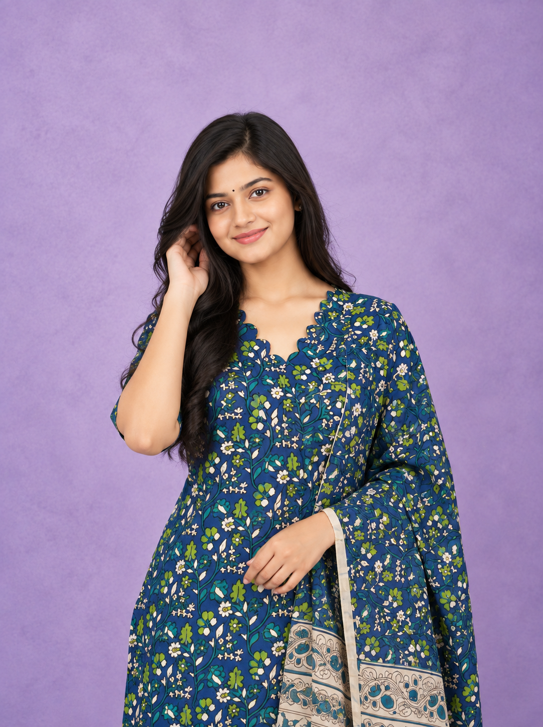 Premium Kalamkari 3PC Kurti Set with Cut Work Neck Design in Blue Colour | Ready to Wear with Elastic Bottom