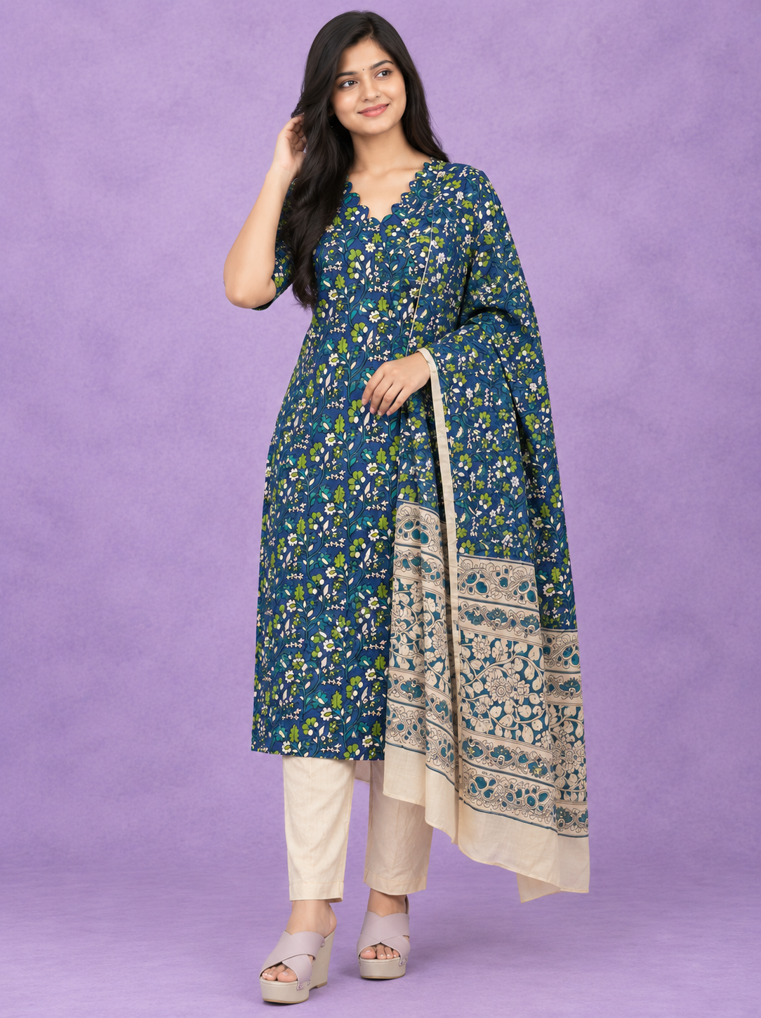 Premium Kalamkari 3PC Kurti Set with Cut Work Neck Design in Blue Colour | Ready to Wear with Elastic Bottom