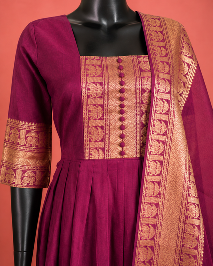 Premium Kanchi Cotton 2PC Frock Set in Brown with Dupatta | Elegant Traditional Wear