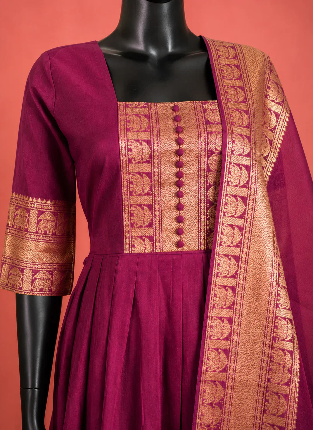 Premium Kanchi Cotton 2PC Frock Set in Brown with Dupatta | Elegant Traditional Wear