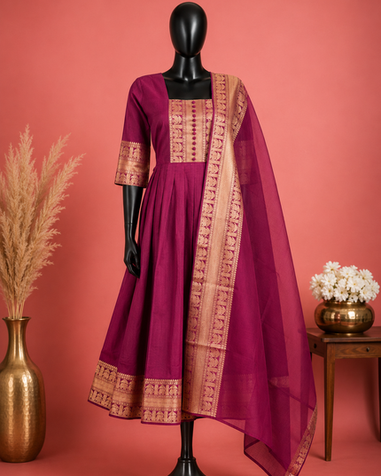 Premium Kanchi Cotton 2PC Frock Set in Brown with Dupatta | Elegant Traditional Wear