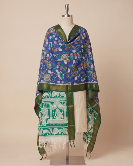 Traditional Blue Floral Print Mangalagiri Handloom Dupatta