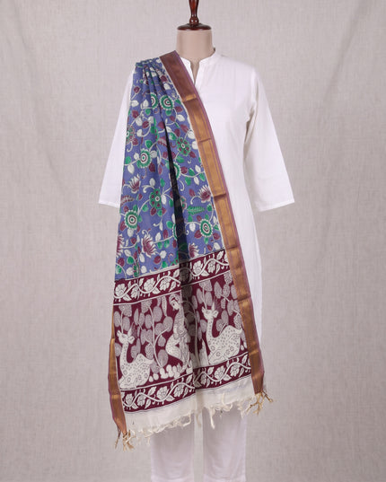 Traditional Blue and Maroon Floral Print Mangalagiri Handloom Dupatta