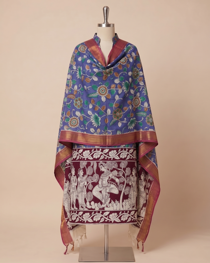 Traditional Blue and Maroon Floral Print Mangalagiri Handloom Dupatta