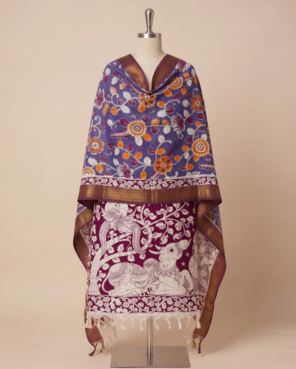 Traditional Purple Floral Print Mangalagiri Handloom Dupatta