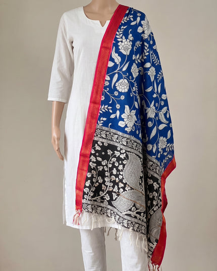 Mangalagiri Cotton Kalamkari Print Dupatta - Blue & Red