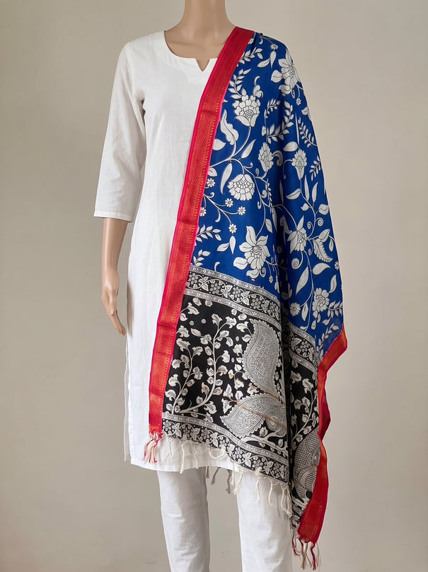 Mangalagiri Cotton Kalamkari Print Dupatta - Blue & Red