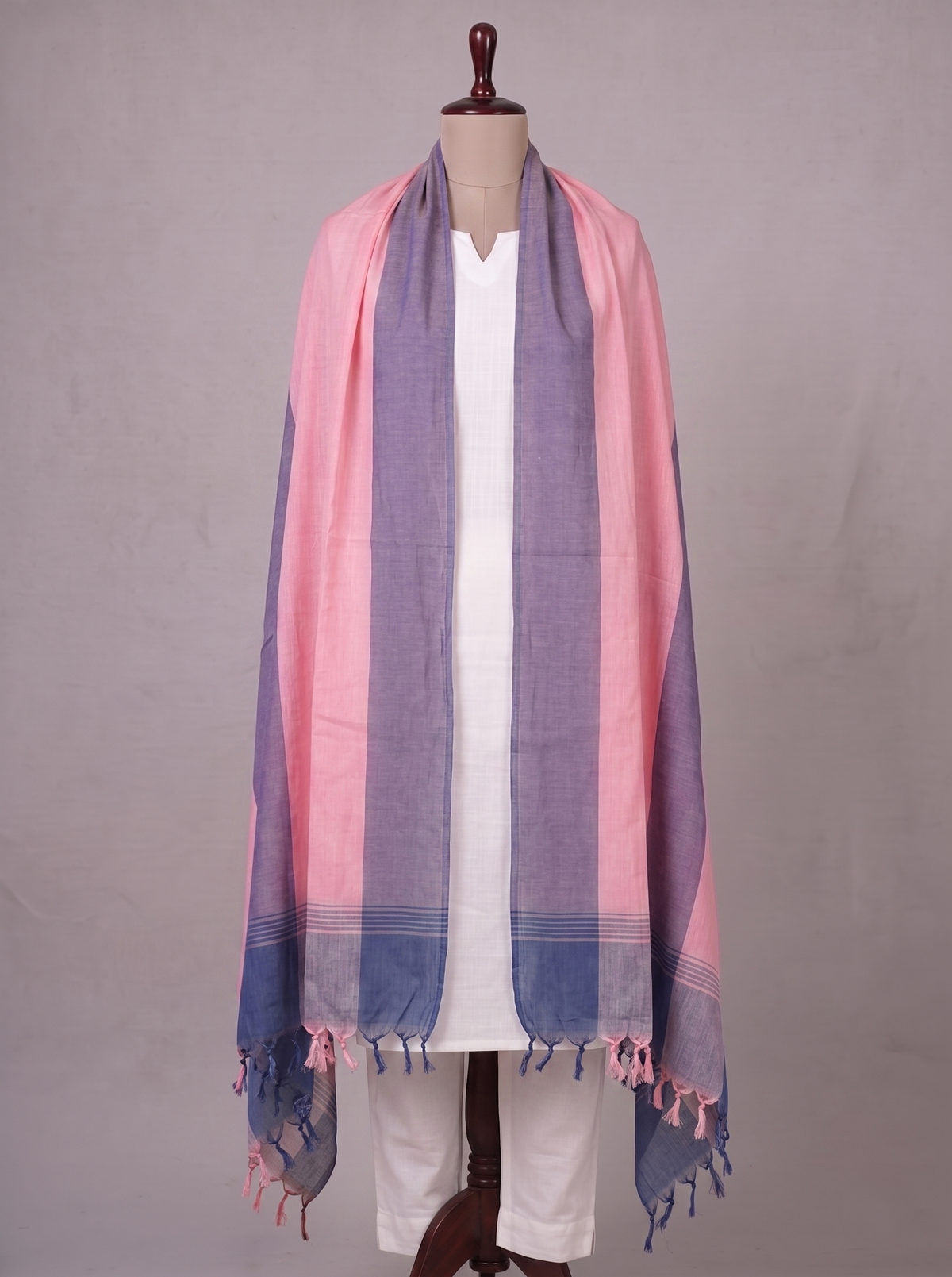 Khadi Handloom Cotton Dupatta - Pink & Blue