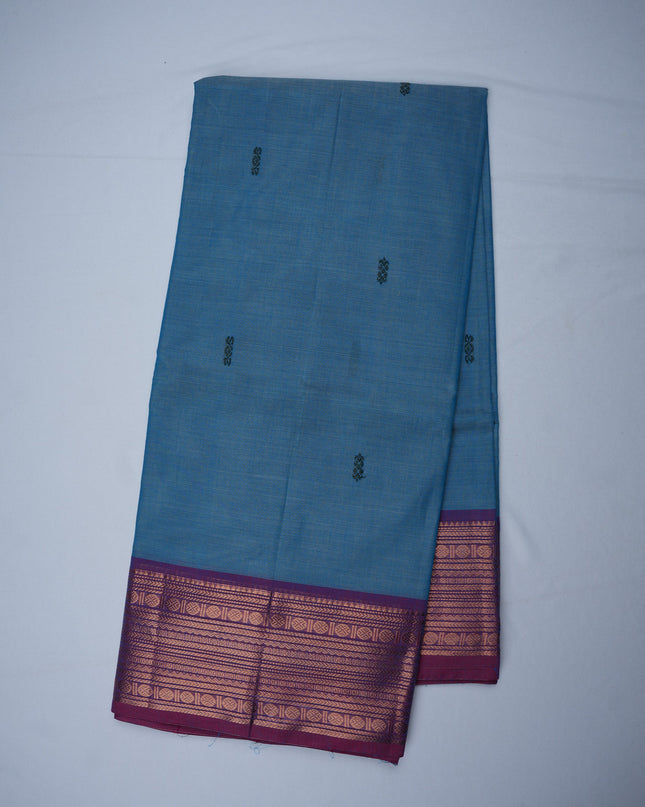 Premium Kanchi Handloom Cotton Saree in Elegant Dusty Sky Blue with Rich Gold Zari Border | Soft Cotton Comfort & Graceful Drape