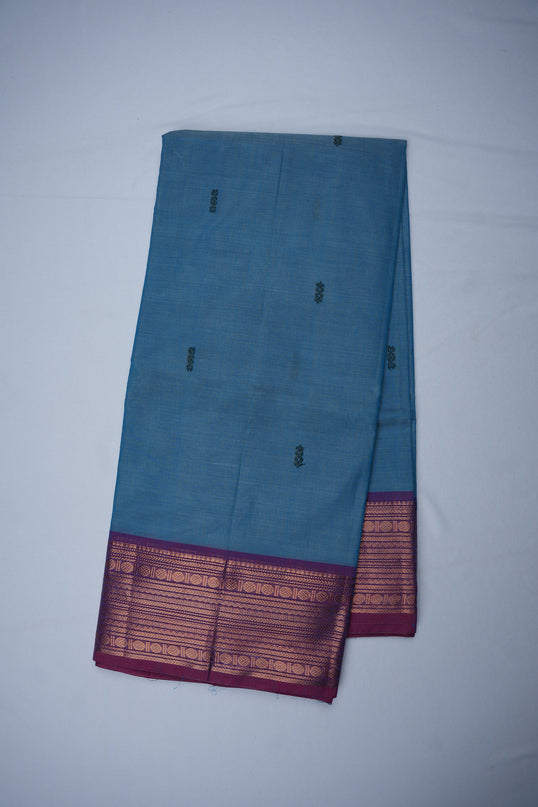 Premium Kanchi Handloom Cotton Saree in Elegant Dusty Sky Blue with Rich Gold Zari Border | Soft Cotton Comfort & Graceful Drape
