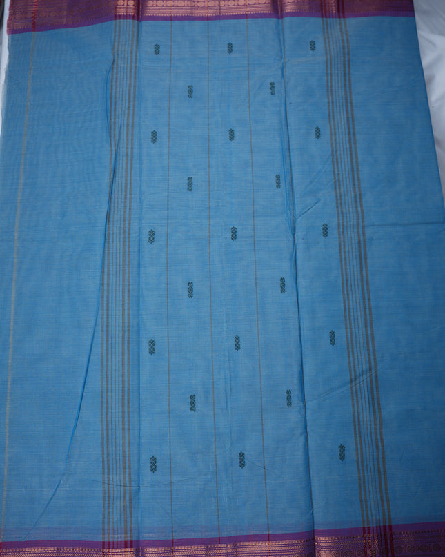 Premium Kanchi Handloom Cotton Saree in Elegant Dusty Sky Blue with Rich Gold Zari Border | Soft Cotton Comfort & Graceful Drape