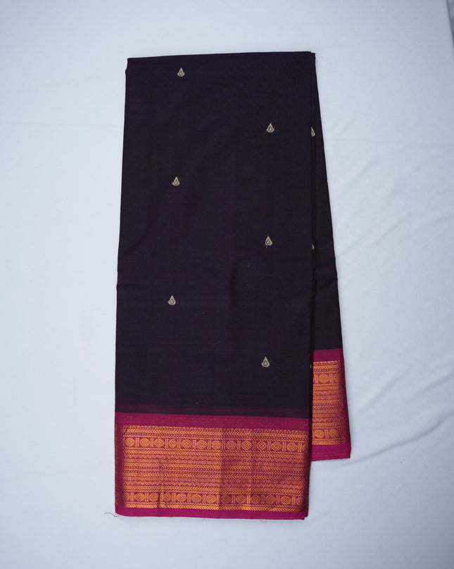 Premium Kanchi Handloom Cotton Saree in Elegant Midnight Purple with Gold Butta Motifs & Rich Zari Border | Soft Cotton Comfort & Graceful Drape