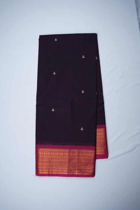 Premium Kanchi Handloom Cotton Saree in Elegant Midnight Purple with Gold Butta Motifs & Rich Zari Border | Soft Cotton Comfort & Graceful Drape