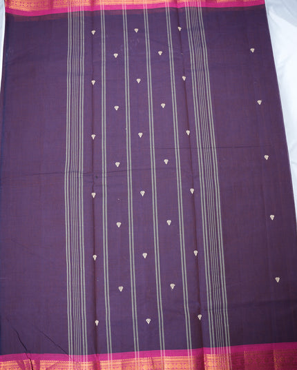 Premium Kanchi Handloom Cotton Saree in Elegant Midnight Purple with Gold Butta Motifs & Rich Zari Border | Soft Cotton Comfort & Graceful Drape