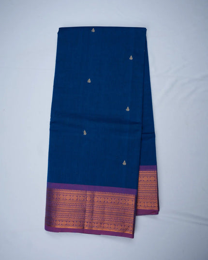 Premium Kanchi Handloom Cotton Saree in Rich Royal Blue with Traditional Zari Border | Soft Cotton Comfort & Graceful Drape