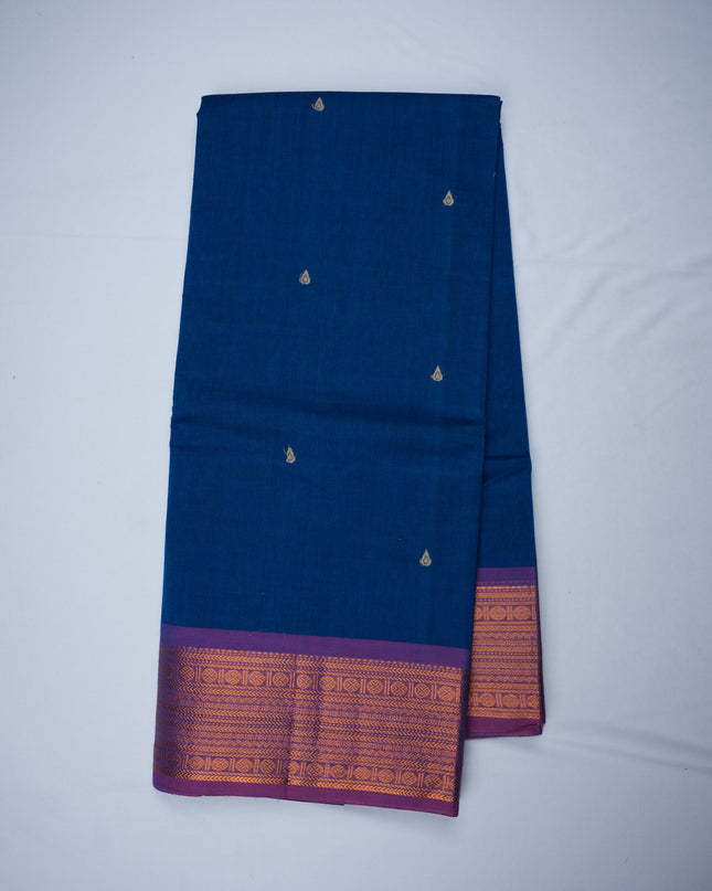 Premium Kanchi Handloom Cotton Saree in Rich Royal Blue with Traditional Zari Border | Soft Cotton Comfort & Graceful Drape