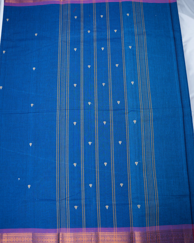 Premium Kanchi Handloom Cotton Saree in Rich Royal Blue with Traditional Zari Border | Soft Cotton Comfort & Graceful Drape
