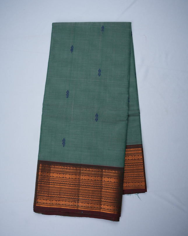 Premium Kanchi Handloom Cotton Saree in Elegant Sage Green with Rich Zari Border | Soft Cotton Comfort & Graceful Drape