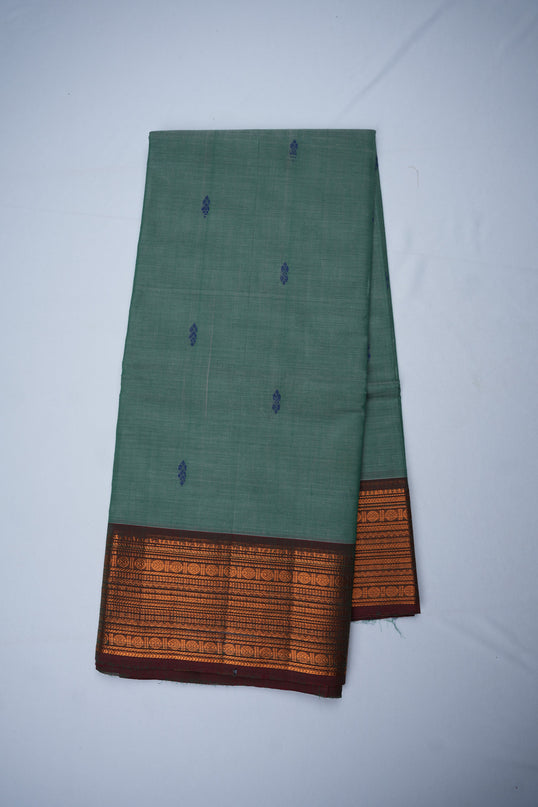 Premium Kanchi Handloom Cotton Saree in Elegant Sage Green with Rich Zari Border | Soft Cotton Comfort & Graceful Drape