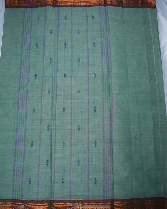 Premium Kanchi Handloom Cotton Saree in Elegant Sage Green with Rich Zari Border | Soft Cotton Comfort & Graceful Drape