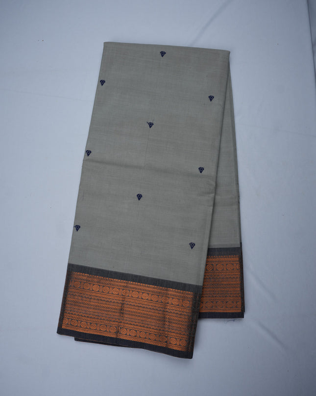 Premium Kanchi Handloom Cotton Saree in Elegant Pearl Grey with Traditional Zari Border | Soft Cotton Comfort & Graceful Drape